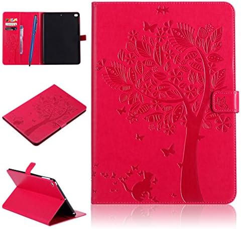 iPad Air 2 Case,Careynoce PU Leather Magnetic Flip Wallet Protective Case Cover for Apple iPad Air 2 iPad 6 (9.7") + Screen Protector and Stylus Pen - Tree and Cat(Red)