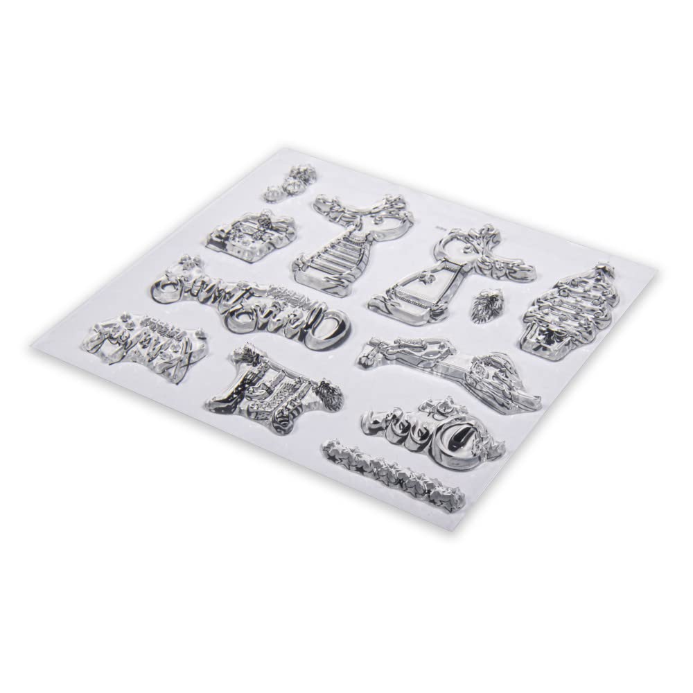 Rayher Set of 12 Clear Silicone Stamps with Reindeer Design for Cardmaking and Crafting, Assorted Winter Themed Designs and Seasonal Sentiments, 102.5x97mm, 50253000