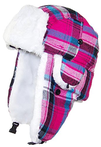 Best Winter Hats Big Kids Quality Madras Plaid Russian/Trapper Hat W/Faux Fur (One Size) - Pink