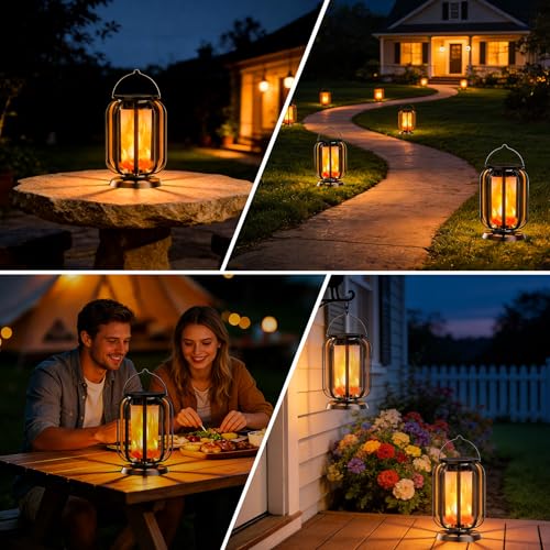 Solar Flame Lantern for Outdoor Hanging, Pack of 2 Solar Lights IP65 Waterproof with 3 Colour Temperatures, Balcony Garden Lantern, Halloween Decoration, Outdoor Lights for Patio, Lawn, Yard, Camping