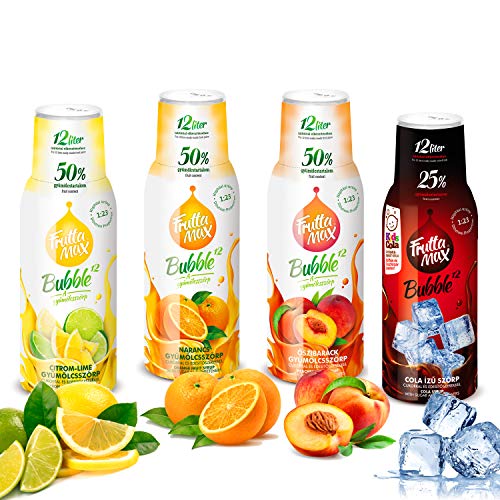 4 x 500 ml FruttaMax Getränkesirup Frucht-sirup Konzentrat | Orange-Zitrone-Limette-Cola-Pfirsiche- | weniger Zucker | mit 50-60% Fruchtanteil | für Soda Maschine geeignet