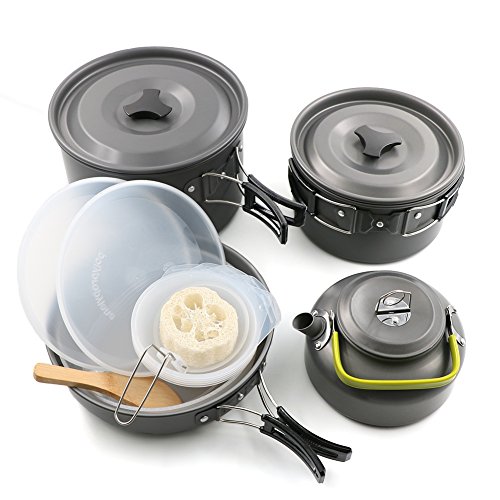 Camping Mess Kit Camping Cookware Pots and Pans For 4 -5 Families, Lightweight Backpacking & Hiking Equipment Outdoor Cooking Utensil, Durable and Compact, 2 Pots, Pan, 5 Bowls, Teakettle, and Plates