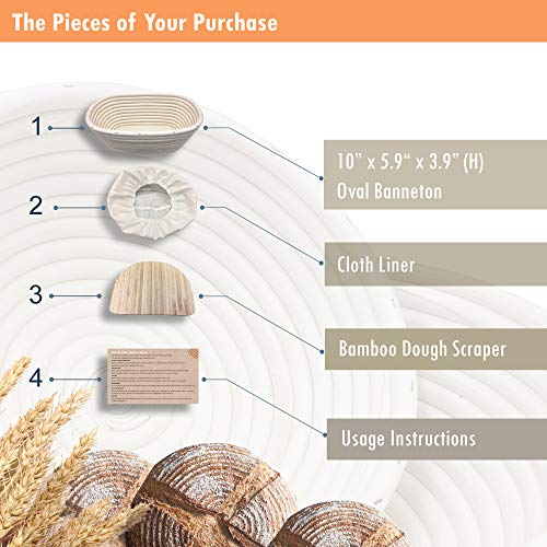 10 inch Oval Banneton Proofing Basket - Made Terra Natural Rattan Cane Brotform Set with Bamboo Dough Scraper & Cloth Liner | Food-Safe Bread Bowls by Artisan Families | Best Baking Gift Set