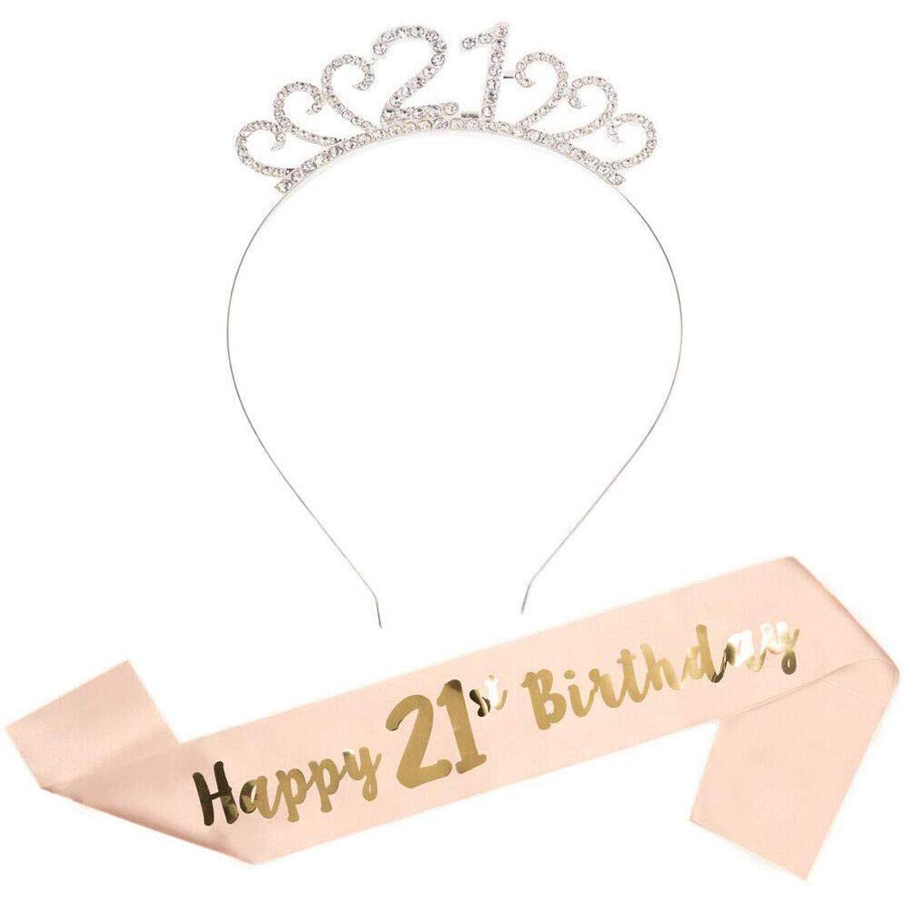Happy Birthday Sash Tiara Set Rose Gold Happy 21th Birthday Sash and 21 Birthday Tiara 21th Girl Rhinestone Crown Headband for 21 Birthday Decoration Gift Party Accessories