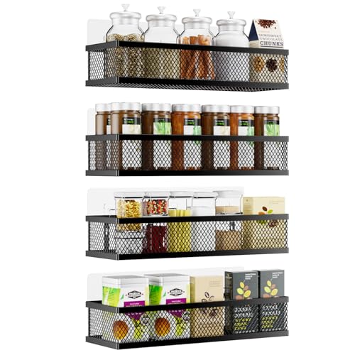 Spice Rack Wall Mount, 4 Pack Pantry Door Organizer & Hanging Storage Baskets Organizer Wall Mount, Large Capacity Metal Spice Shelf for Kitchen Cabinet, Pantry Doors, Bathroom, Shower, Home Decor
