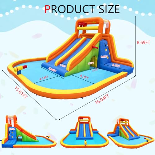HuaKastro 15.6x15FT Giant Water Slide for Big Kids 5-12, Inflatable Water Park with Big Splash Pool, Dual Tall Slides & 2 Climb Walls for Racing Fun, W/Surprise Water Dump Bucket, Hide&Seek Cave