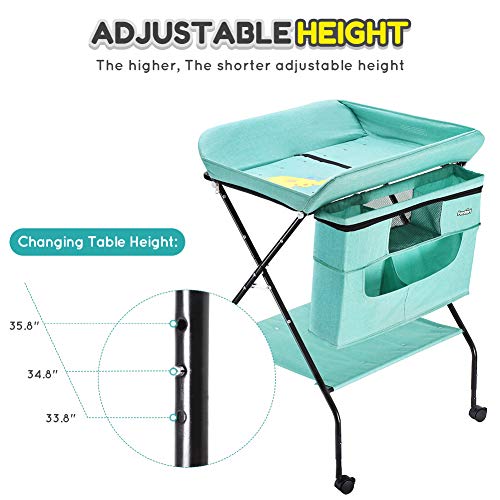 FORSTART Baby Changing Table with Wheels, Adjustable Height Folding