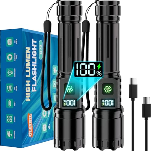 Rechargeable Flashlight 2 Pack, 990000 High Lumens LED Flash Light, Brightest Zoomable Lampe with LCD Digital Display, 5Modes Super Bright Flashlights, Powerful Tactical Flashlight for Outdoor, Gift