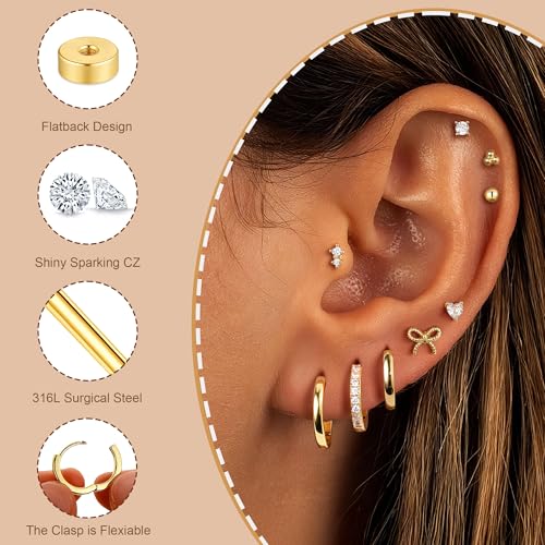 M MOOHAM 9 Pairs Flat Back Earring Stack Set for Women Teen Girls | Hypoallergenic Earrings, 14K Gold Plated Huggie Hoop Stud Earring, Small Cute Bow Cartilage Earrings, Trendy Jewelry Gifts