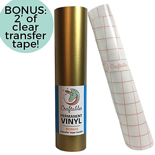 Craftables Gold Vinyl Roll - Permanent, Adhesive, Glossy & Waterproof | 12" x 10' | w/Premium Clear Transfer Tape - for Crafts, Cricut, Silhouette, Expressions, Cameo, Decal, Signs, Stickers