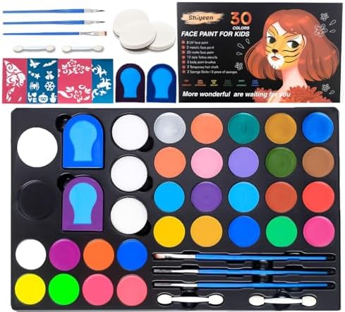 Shiyeen Face Paint Kit for Kids - 30 Large Water Based Paints, 2 hair ...