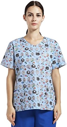 ANNO Medical Scrubs For Women,Scrubs Set Include Top and Pant,Nurse Uniform Short Sleeves V Neck (Small(S), 可爱米羊羊套装(Set))