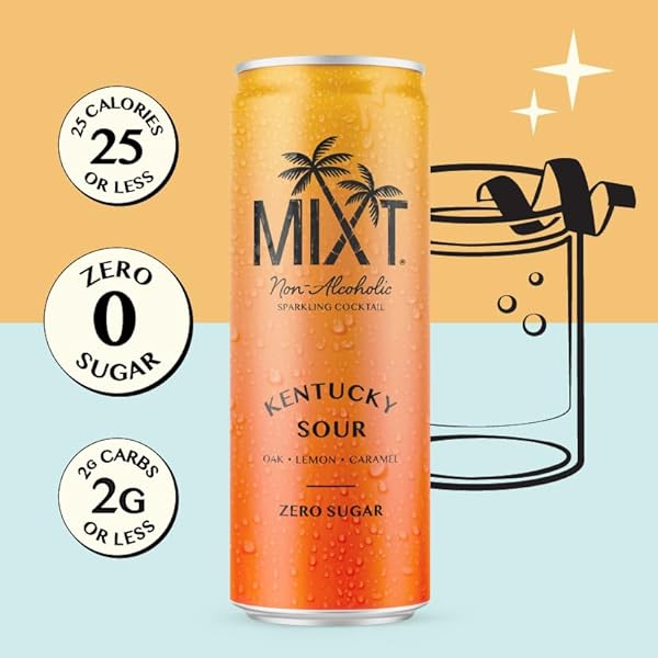MIXT PREMIUM SPARKLING NON-ALCOHOLIC SPARKLING COCKTAIL – KENTUCKY SOUR – ZERO SUGAR, READY TO DRINK, ADAPTOGENS, NOOTROPICS, 2G OF CARBS OR LESS, LOW CALORIE, 12OZ CANS (PACK OF 4)