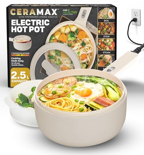 Ceramax PRO 2.5L Electric Hot Pot with Lid & Steamer, Non Toxic Ceramic Cooker Skillet for Ramen, Eggs, Pasta for Dorms, Camping, RVs, Work, Adjustable Temp. - New Improved 2025 Model