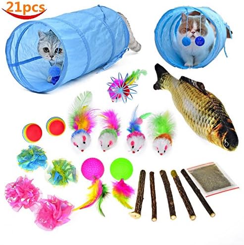 Mrwan 21 Cat Toys Kitten Toys, Tunnels, Balls, Mice Toys, Feather Toys, Refillable Catnip Toys with Extra Catnip for Refill for Cat Kitty Kitten