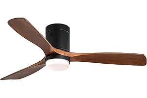 CACI Mall Flush Mount Ceiling Fan with Light,Low Profile Ceiling Fan with Remote Control,52'' indoor Ceiling Fan,3 Walnut Wood Blades, Noiseless DC Motor