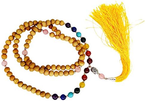 Mystic Banana Real and Natural Chandan Sandal Wood and Natural Stones Yoga and Meditation Buddha Charm Beads Kanthi Mala with 108+1 Beads of 8 mm/Holy Basil Rosary/Jaap Mala