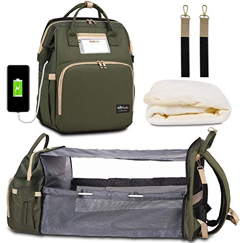 Happy Luoka Diaper Bag Backpack with Foldable Travel Bed, Nappy Bag with USB Charging Port, Portable Baby Bag with Changing Station for Sleeping (Olive Green)