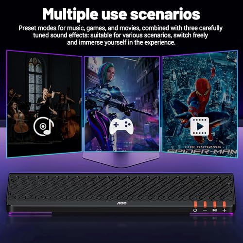 AOC ACS3640 Caixa de Som para PC Gamer 10W RMS, Soundbar Estéreo USB, Alto Falante Estéreo com Iluminação RGB, Plug and Play, Alto-falantes para Computador de Mesa, Tablet, telefone celular