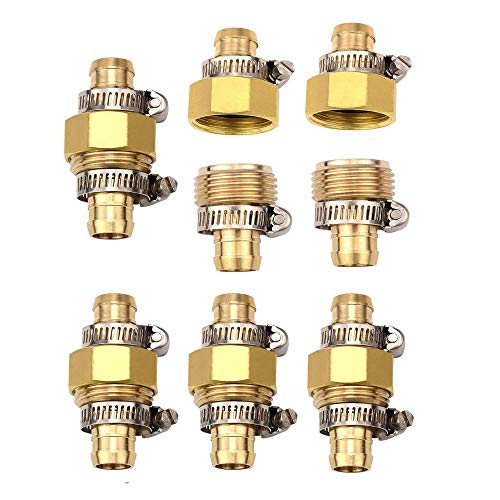 Highmoor Brass 5/8" Garden Hose Mender End Repair Male Female Hose Connector with Stainless Clamp for Garden Hose, Sprayer, Nozzle