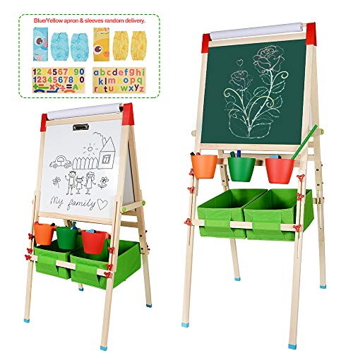 CIRO kids wooden art easels 3-in-1 chalkboard/whiteboard/paper roll (1 apron, 2 gloves, a full set of art supplies accessories)