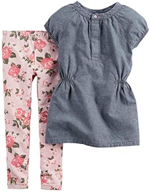 Carters Infant Girls 2 Piece Set Denim Chambray Shirt & Floral Leggings Outfit