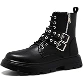 Men's Black Leather Platform Ankle Boots Lace up Side Zip Adjustable Buckle Lug Sole Non-Slip Combat Booties Fashion Punk Motorcycle Boots