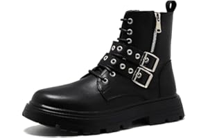 LETCLOCOM Men's Black Leather Platform Ankle Boots Lace up Side Zip Adjustable Buckle Lug Sole Non-Slip Combat Booties Fashion Punk Motorcycle Boots