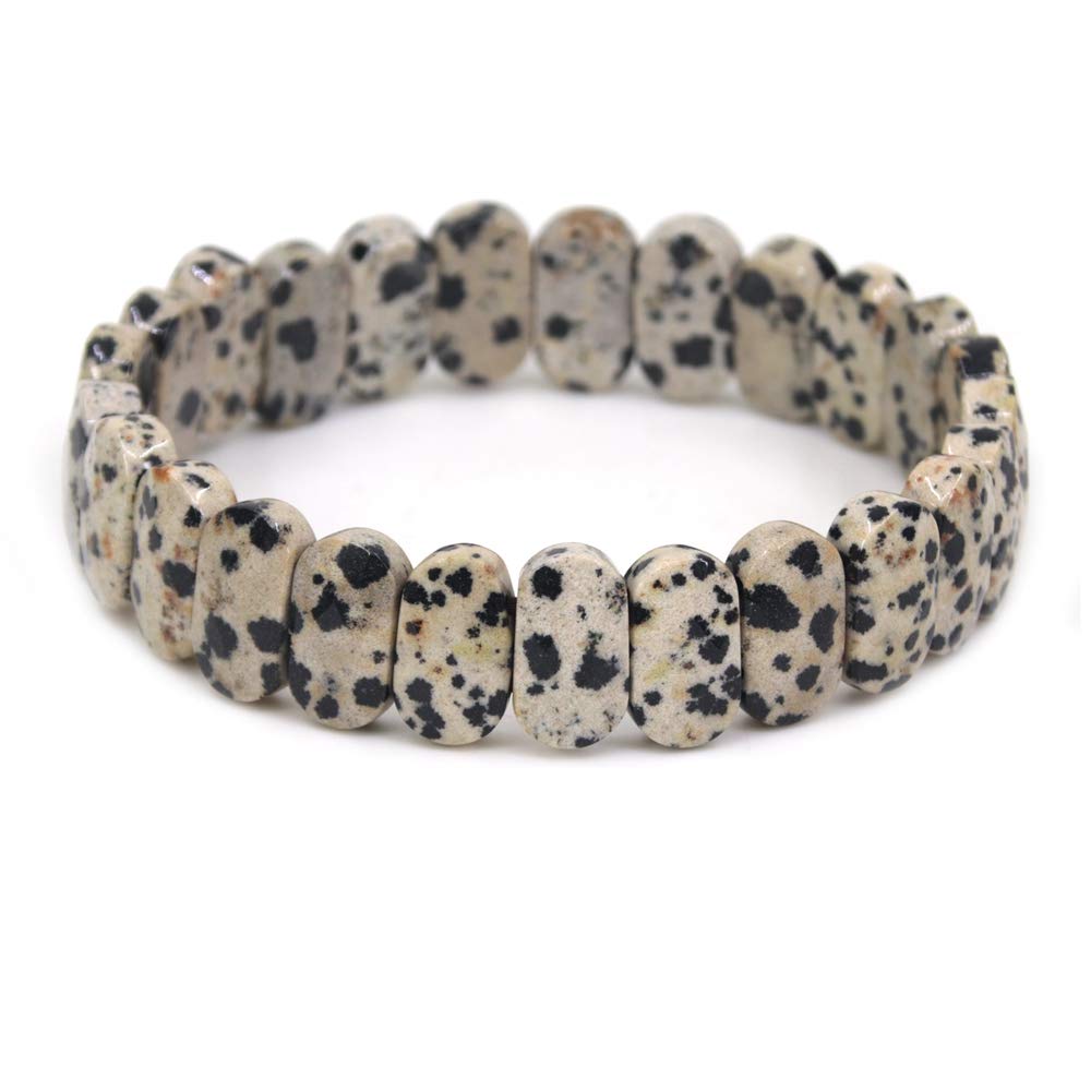 CHENYUE Natural Dalmatian Jasper Gemstone 14mm Faceted Oval Beads Stretch Bracelet 7.5 Inch Unisex