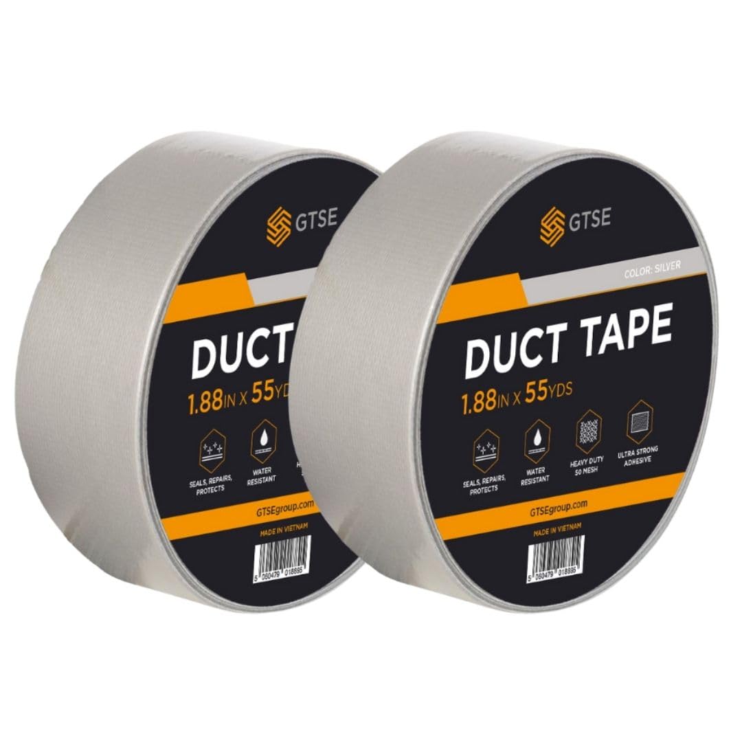 GTSE Silver Duct Tape, 48mm x 50m, 2” Waterproof Strong Adhesive Gaffer Tape for Patching, Sealing, Securing Cables and Labelling, Heavy Duty Tape, Two Rolls