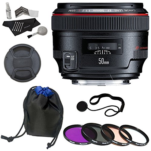 Canon EF 50mm f/1.2 L USM Lens + Polaroid Optics 72mm 4 Piece Filter Set (UV, CPL, FLD, WARMING) + Bower Lens Pouch + Polaroid Cleaning Kit + Polaroid Lens Cap & Strap