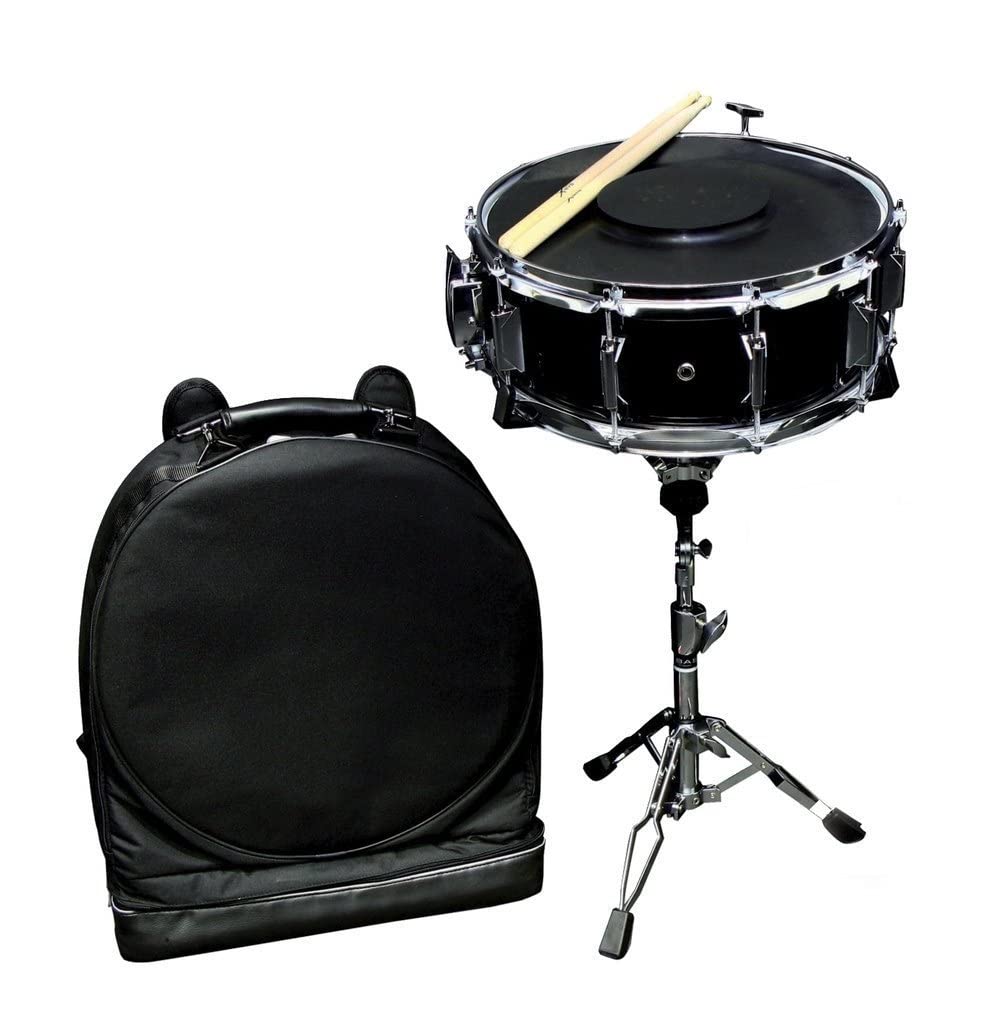 PURE GEWA Snare Drum Starter Set 14x5.5" poplar shells black wrapped, twofold extendable, with Rucksack bag, rubber pad and 1 pair sticks