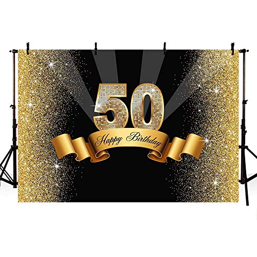 MEHOFOTO Glitter Gold and Black Photo Studio Booth Background Adult Happy 50th Birthday Party Decorations Banner Backdrops for Photography 8x6ft