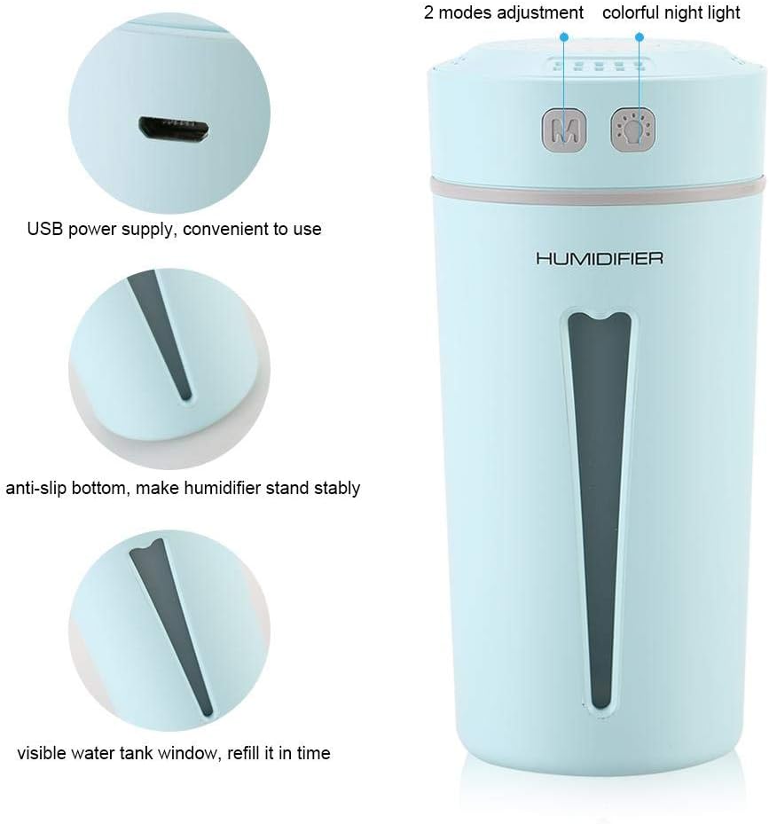 Portable USB Mini Humidifier Cool Mist Ultrasonic Diffuser With Led Light for Car Travel Office Desktop Bedroom Yoga(Blue) - Image 5