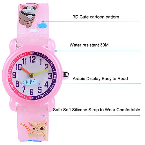 Venhoo Kids Watches Cartoon Waterproof Silicone Children Wristwatches Time Teacher Gifts for Boys Girls (Pink Cat Finish)