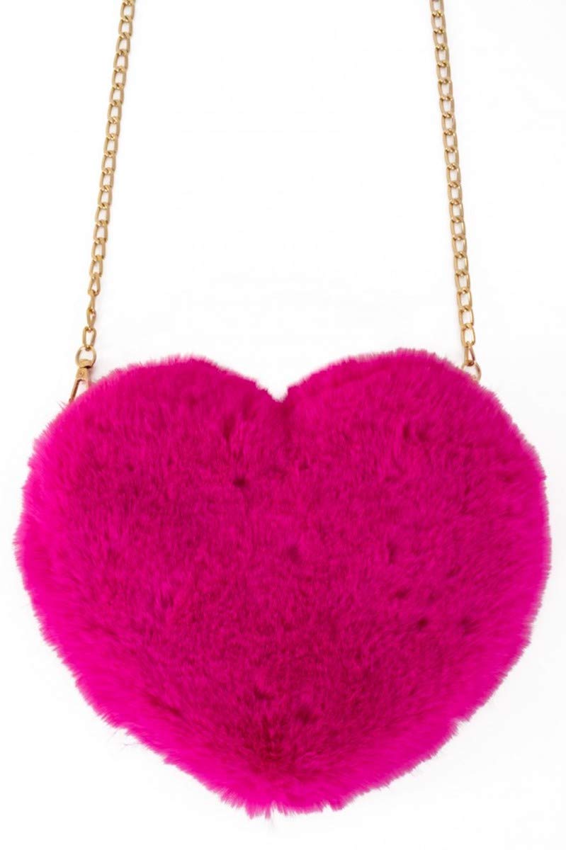 shoperama Heart Faux Fur Handbag 20 x 25 cm Plush Bag Party Shoulder Bag Carnival, pink, One size