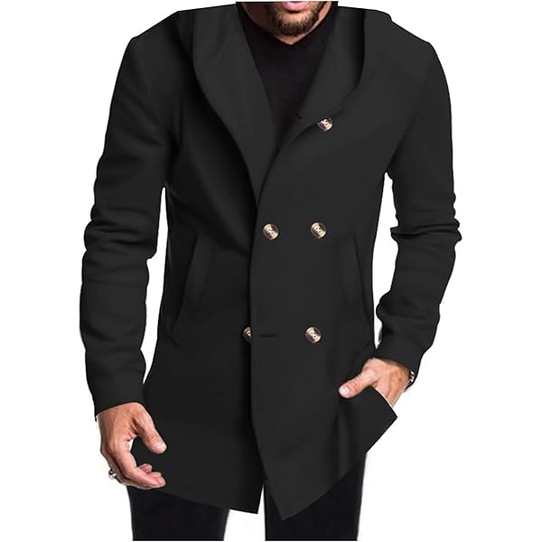 Men's Trench Coats with Hood Double Breasted Pea Jackets Warm
