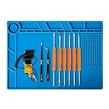 Kaisiking Magnetic Silicone Soldering Mat Heat Resistant Soldering Repair Work Mat Electronics Soldering Mat with 6 Soldering Aid Tool, Anti-Static Wrist and 2 Tweezers Repair Work Mat,13.8 x 9.8 inch