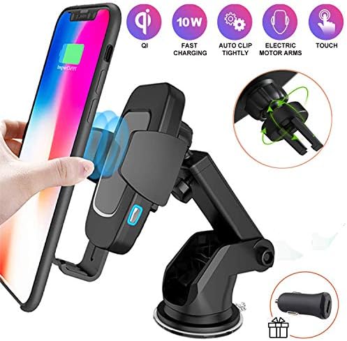 Sendowtek Wireless Phone Charger for Car Mount w/Free QC3.0 Car Charger, 10W/7.5W/5W Qi Fast Charger Phone Holder for Car Automatic Clamping w/Suction Cup + Clip for iPhone, Samsung, Huawei (2 in 1)
