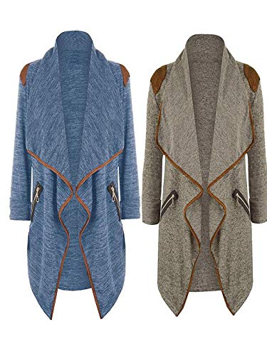 YOMXL Women Cardigan Open Front Long Sleeve Knitted Long Coat Casual Autumn Thin Outwear Coat with Pockets (Blue, L) - Thumbnail 2