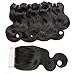 Selina Brazilian Hair Body Wave 4 Bundles With Closure Unprocessed Virgin Human Hair Bundles With Lace Closure 4x4 Free Part Natural Black (8