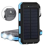 Solar Charger,Solar Power Bank 20000mAh Waterproof Portable External Battery USB Charger Built in LED light with Compass for iPad iPhone Android Cellphones (Black & Blue)