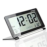 Eway Multifunction Silent LCD Digital Large Screen Travel Desk Electronic Alarm Clock, Date/Time/Calendar/Temperature Display, Snooze, Folding, Black/Silver