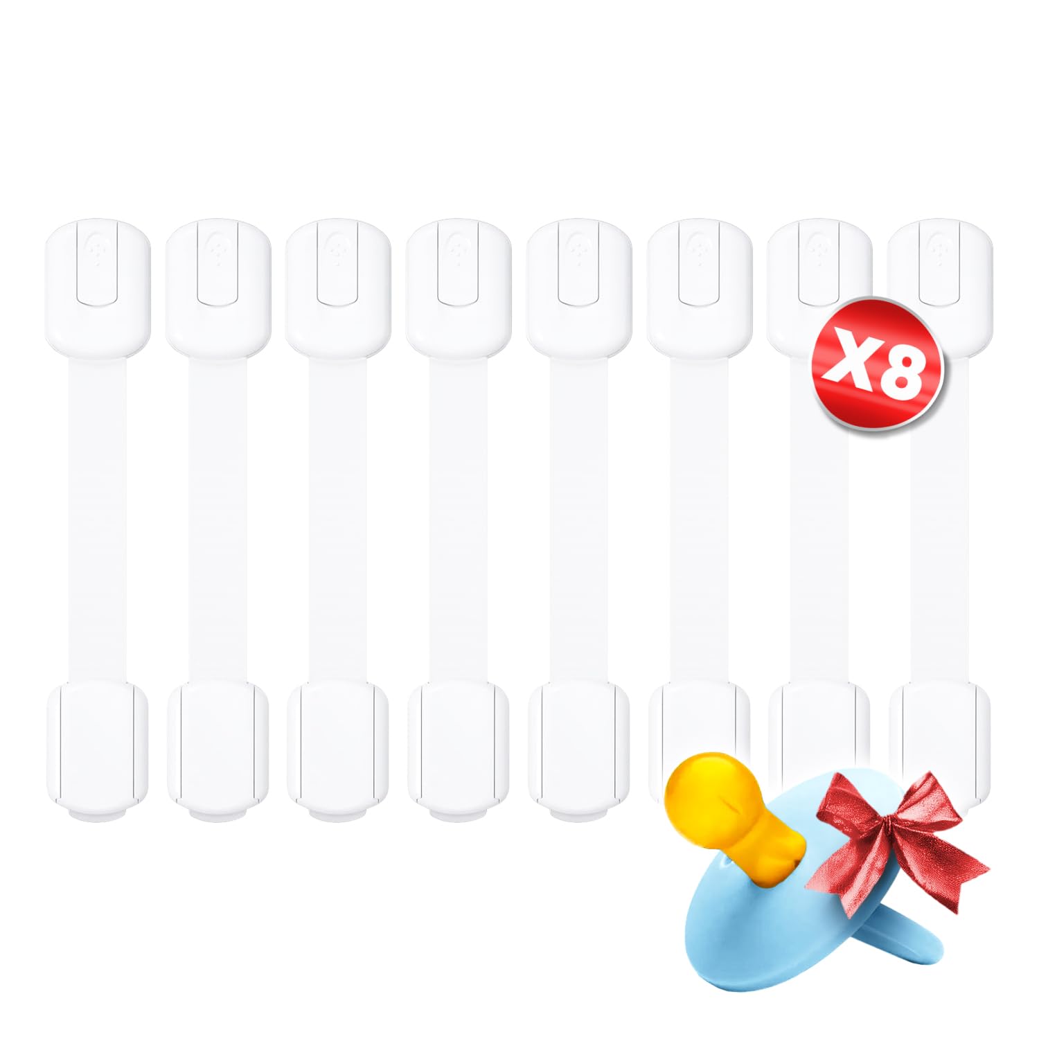 Photo 1 of OKAERI Set 8X Safety Strap Locks Set 3M Adhesive Lock Multi-Purpose for Any Type of Cabinets Adjustable Size Flexible Safe Environment Accident Protection No Drilling Pads +Pacifier as a Gift