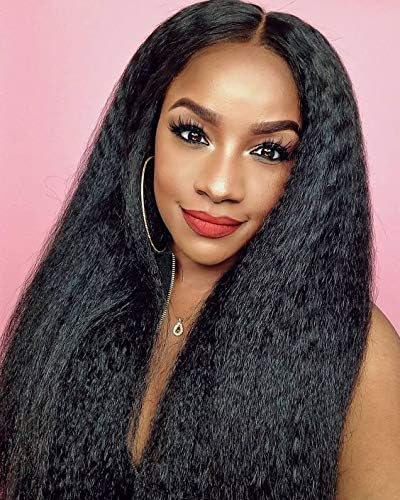 Meetove Kinky Straight Human Hair Lace Front Wigs Brazilian Virgin Hair Yaki Straight Natural Hairline With Baby Hair Full Lace Wig For Black Women (16 inch, lace front wig)