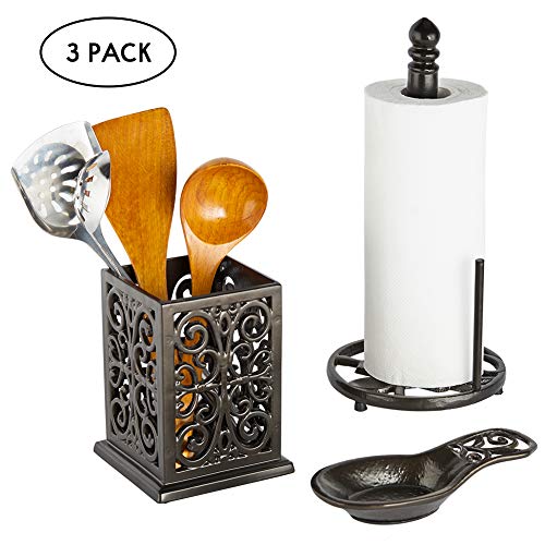 3 Piece Kitchen Counter Accessory Set, Cast Iron Paper Towel Holder, Utensil Holder, Spoon Rest