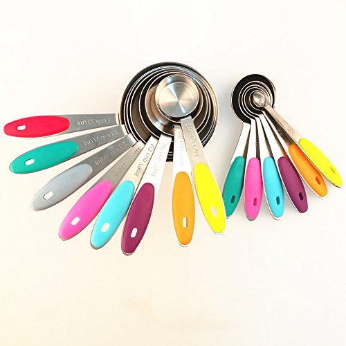Smithcraft Set of 14 Premium 18/8 Stainless Steel Measuring Cups and Spoon Set with Color Silicone Handle Perfect Measuring cup - Thumbnail 3