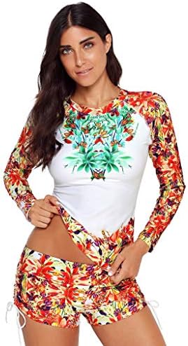 Swimming Costume Ladies Bikini Swimsuit Long Sleeve Fashion Flower Printed Plus Size Zip Front Push Up Swimwear with Chest Pad Protection Rash Guard Tankini Swimsuit Shorts Tops Black