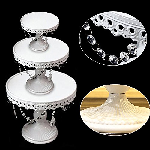 3 Set Metal Crystal Cake Holder Cupcake Stand Cake Dessert Holder with Pendants and Beads,Wedding Birthday Dessert Cupcake Pedestal Display,White (3)