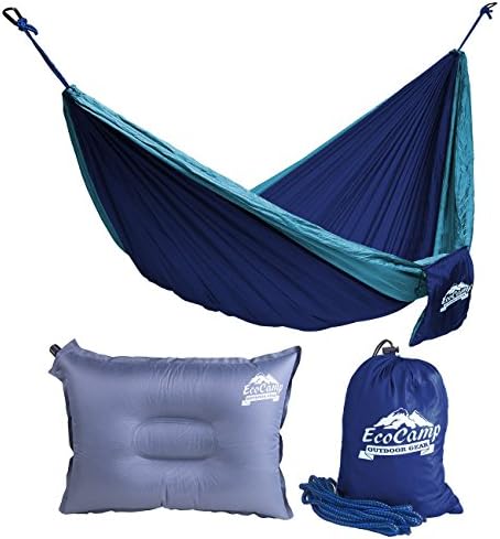 EcoCamp Portable Camping Hammock Single &amp; Double - Lightweight, Heavy-Duty, Parachute Nylon-Easy Hanging Outdoor Hammock - Free Bonus Pillow &amp; eBook - for Backpacking, Travel, The Beach, Your Backyard